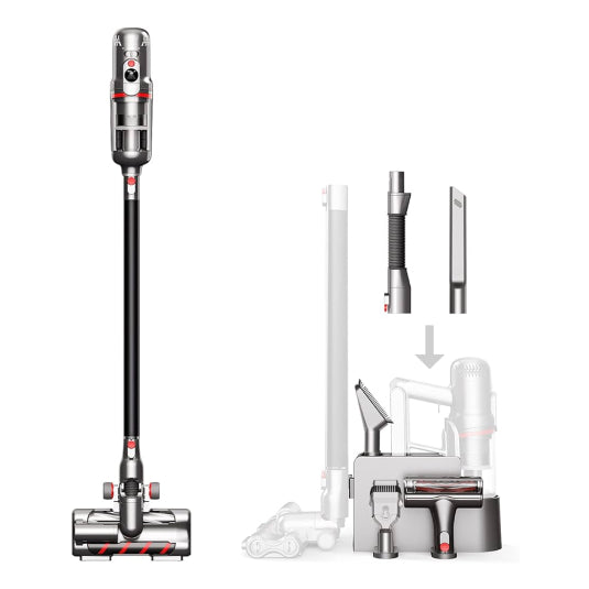 Puppyoo T12 Mate Cordless Vacuum Cleaner in Black, with its charging stand and tools