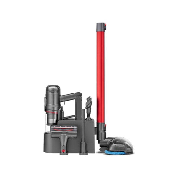 Puppyoo T12 Pro Rinse Cordless Vacuum Cleaner in Red, on its docking station