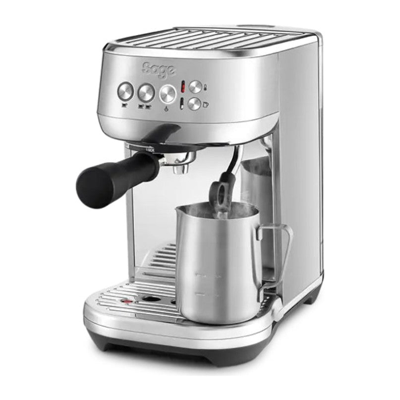 Sage Bambino Plus SES500BTR Espresso Machine in Stainless Steel, angled view