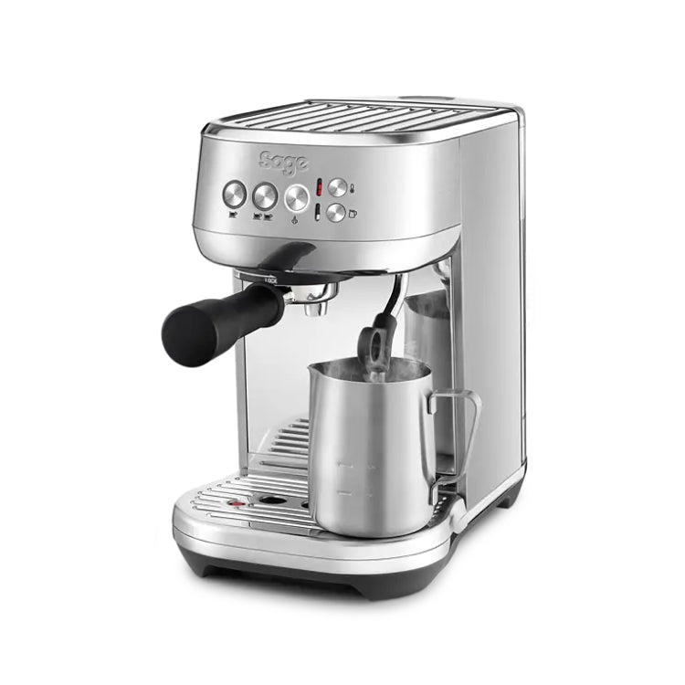 Sage Bambino Plus SES500BTR Espresso Machine in Stainless Steel, angled view