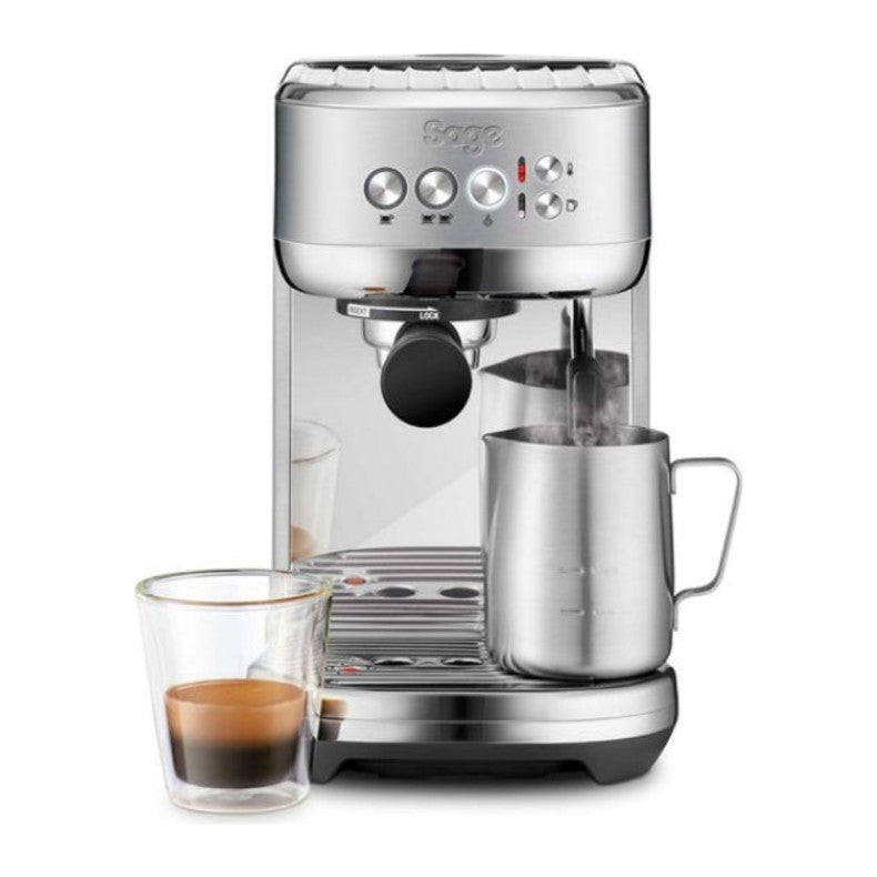 Sage Bambino Plus SES500BTR Espresso Machine in Stainless Steel, with a coffee and milk jug