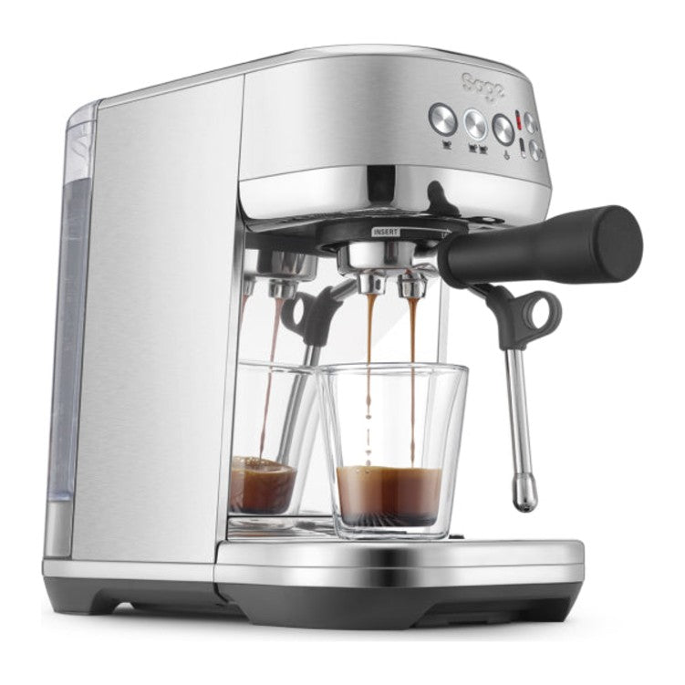 Sage Bambino Plus SES500BTR Espresso Machine in Stainless Steel, close-up of espresso pouring
