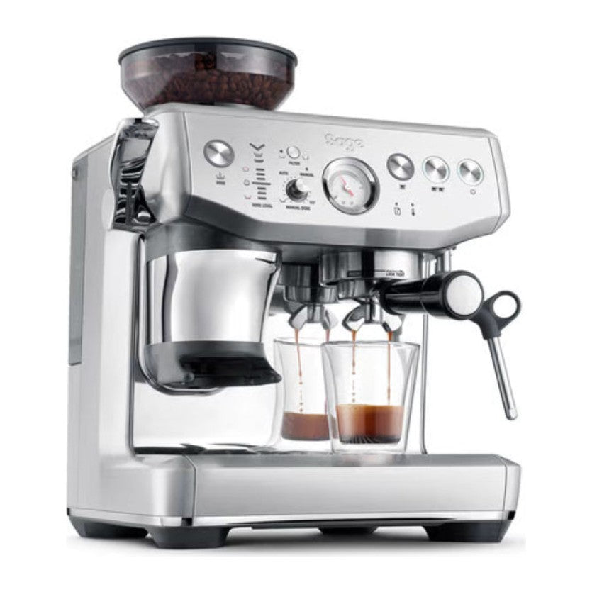 Sage Barista Express Impress SES876BSS Espresso Machine in Brushed Stainless Steel, front view with a coffee