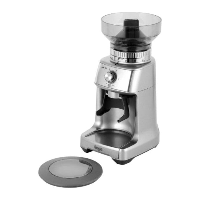 Sage the Dose Control Pro BCG600 Coffee Grinder in Silver, with its portafilter cradle