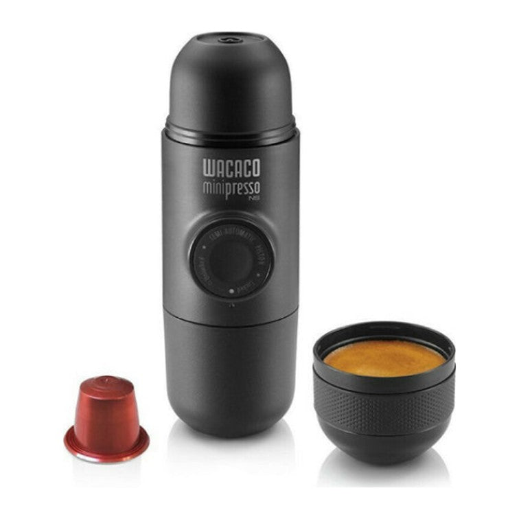 Wacaco Minipresso NS Portable Espresso Maker, with a capsule and cup