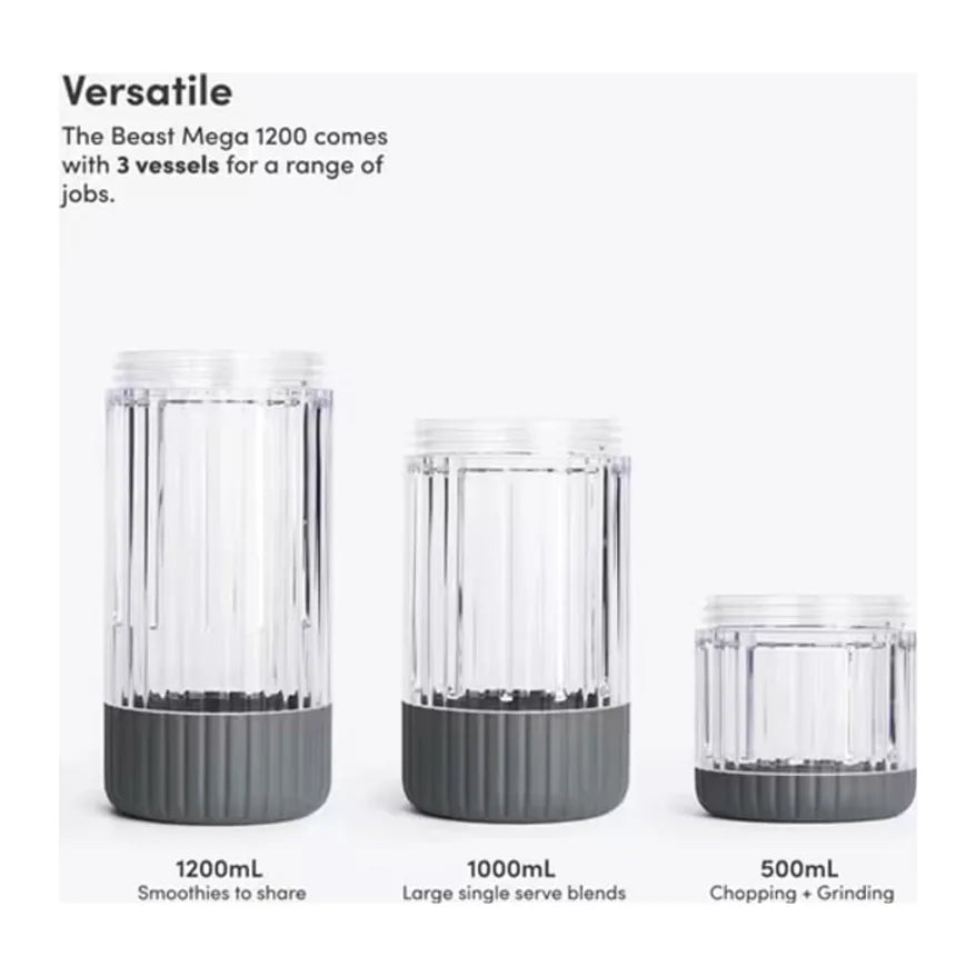 Beast Mega 1200 Plus B12MH Blender in Charcoal, three vessels in different sizes with volume labels