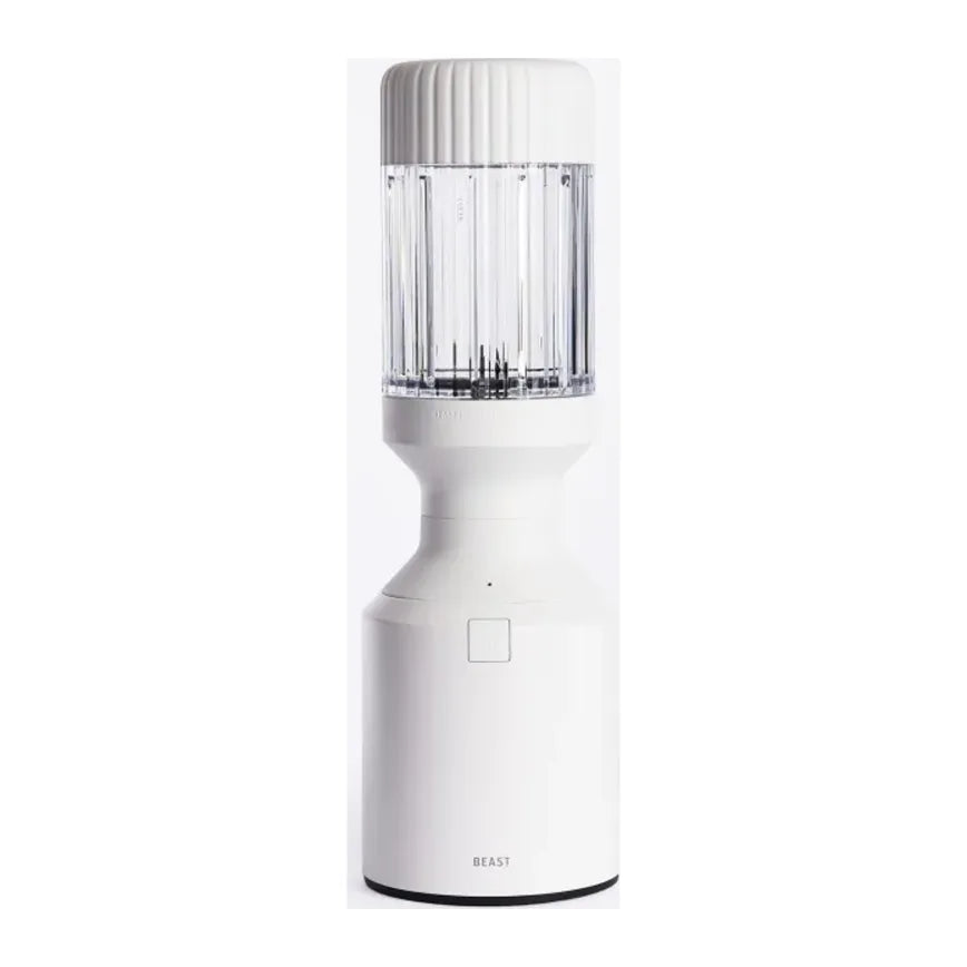 Beast Mighty B85MH Personal Blender in Cloud White, front view with an empty vessel fitted to the base