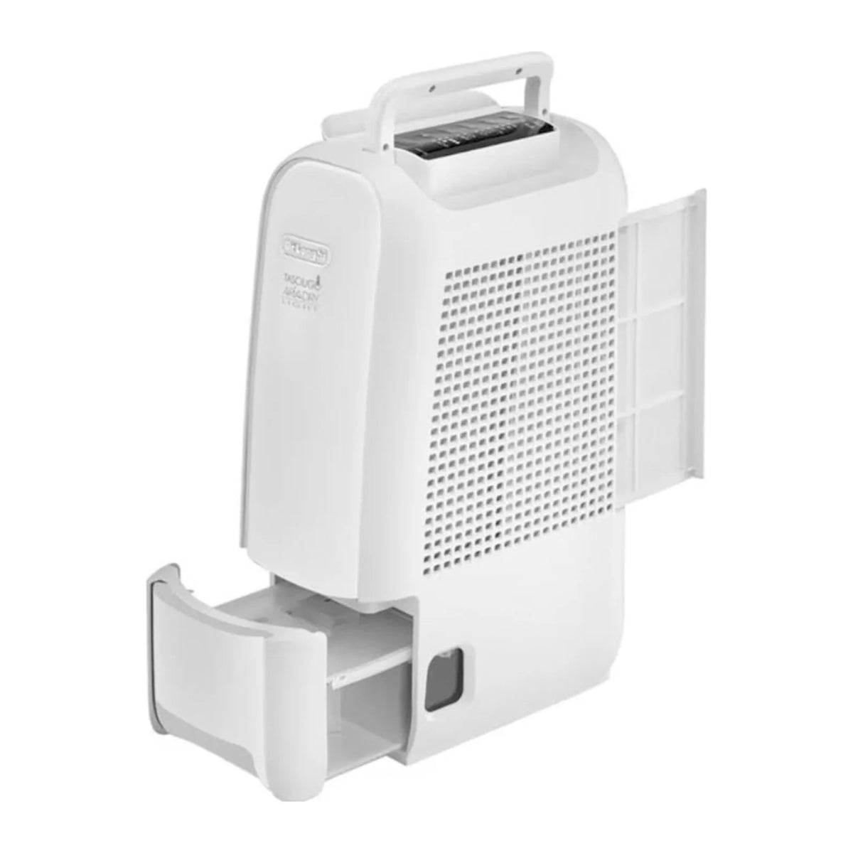 De'Longhi DNS60.W, rear view with the water tank drawn out and filter flap open