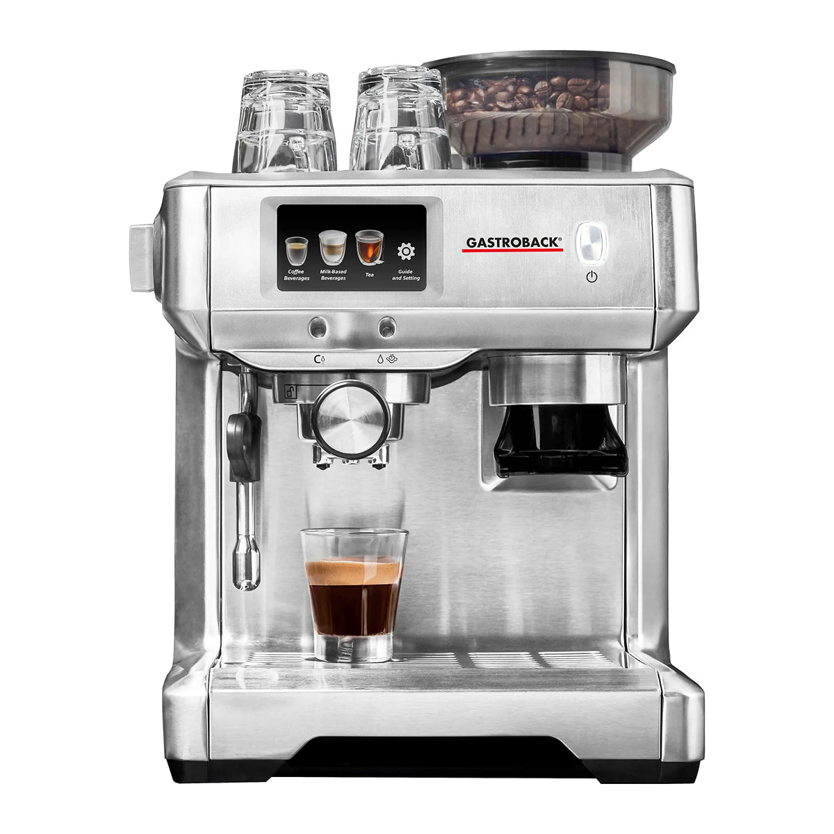 Gastroback 42623, front view with glasses on top and espresso in a glass