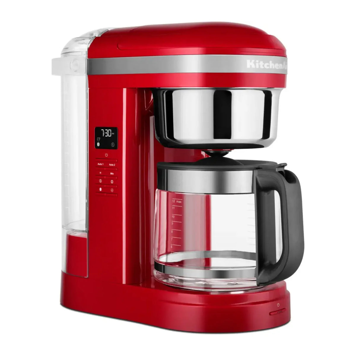 KitchenAid 5KCM1209BER in Empire Red, three-quarter view showing the display and clear water tank