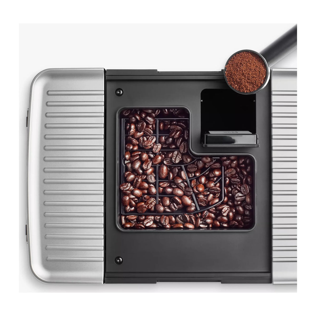 KitchenAid 5KES8454 in Matte Black, top view of the bean hopper full of coffee beans