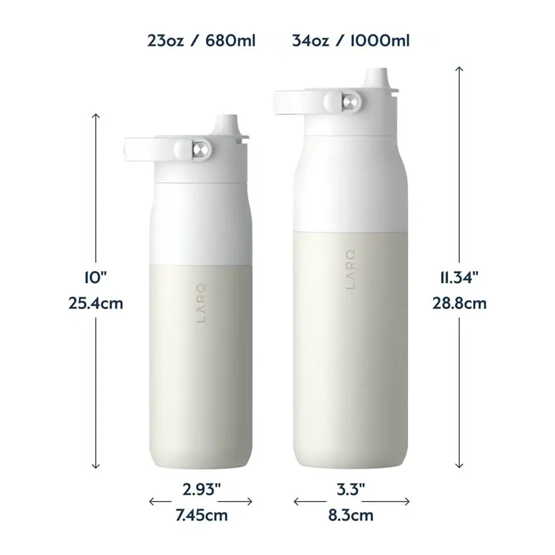 LARQ PuerVis 2 in Granite White, two bottle sizes side by side with measurements
