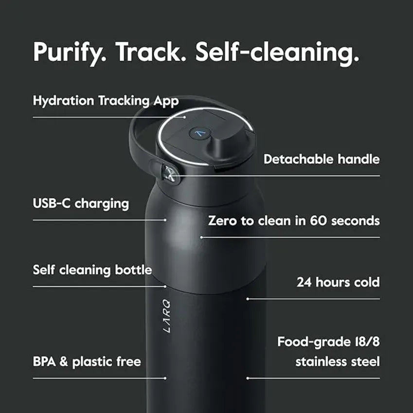 LARQ PureVis in Obsidian Black, bottle with labelled feature callouts on dark background