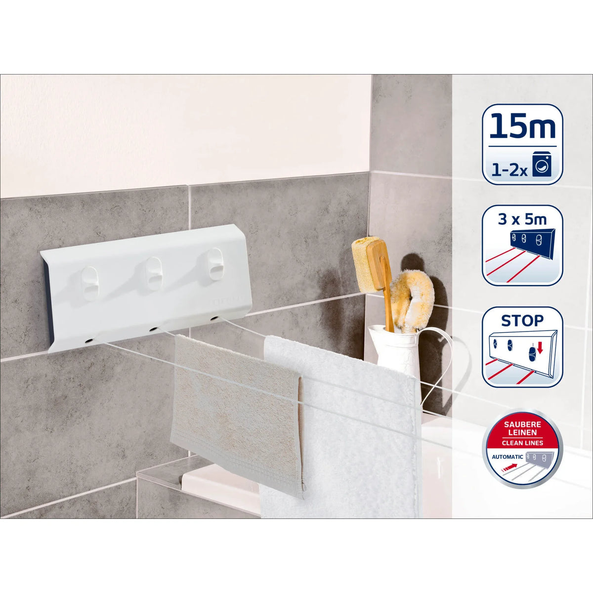 Leifheit Rollfix 83107 Wall Washing Line in White, in use