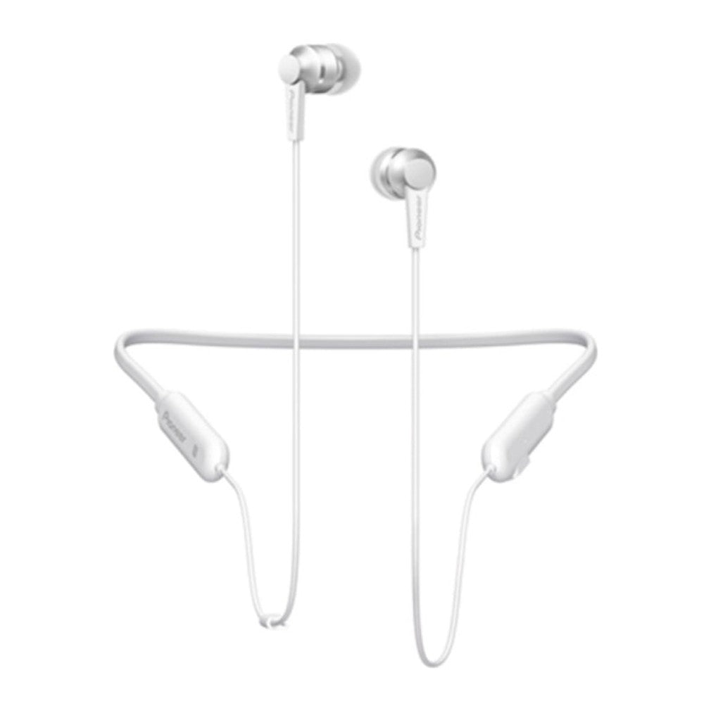 Pioneer SE-C7BT wireless in-ear headphones in white with silicon neckband and aluminum housing.