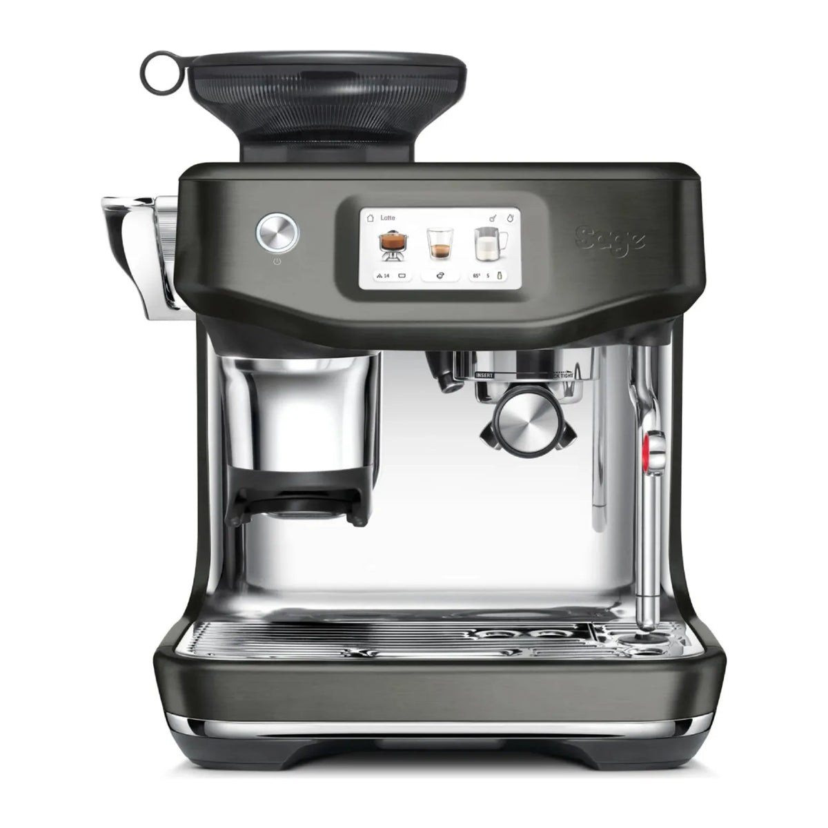 Sage Barista Touch Impress SES882BST4GUK1 Espresso Machine in 1049, front view with touchscreen and portafilter in place