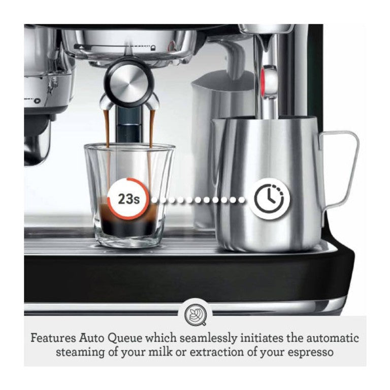 Sage Oracle Jet SES985BTR Espresso Machine in Black Truffle, close-up of the milk jug and steam wand