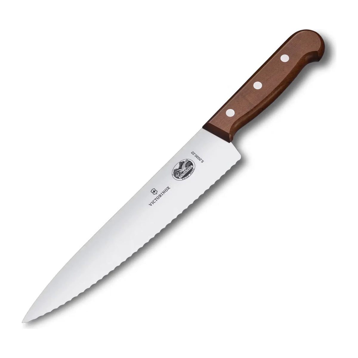 Victorinox Wood 5.2030.22 Chef's Knife with maple wood handle, angled view of the blade and handle