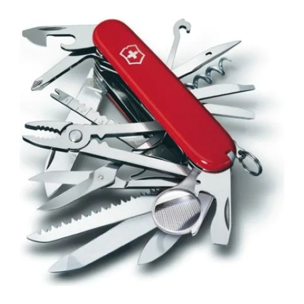 Victorinox Swiss Champ 1.6795 Pocket Knife in Red, all tools opened out, seen from above