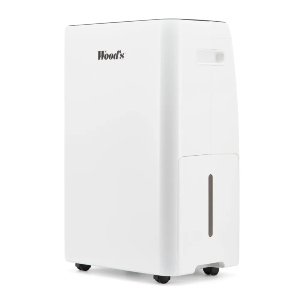 Wood's MRD20GW in White, three-quarter view with side handle and castor wheels