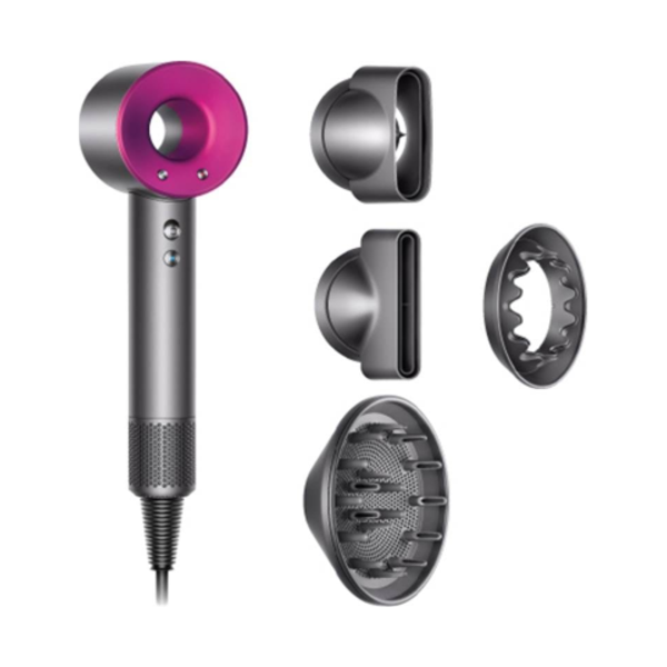 Dyson Supersonic HD07 Hair Dryer in Iron/Fuchsia, with its attachments