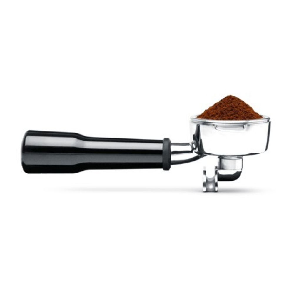 Sage Barista Express BES875UK Espresso Machine in Brushed Stainless Steel, portafilter with ground coffee