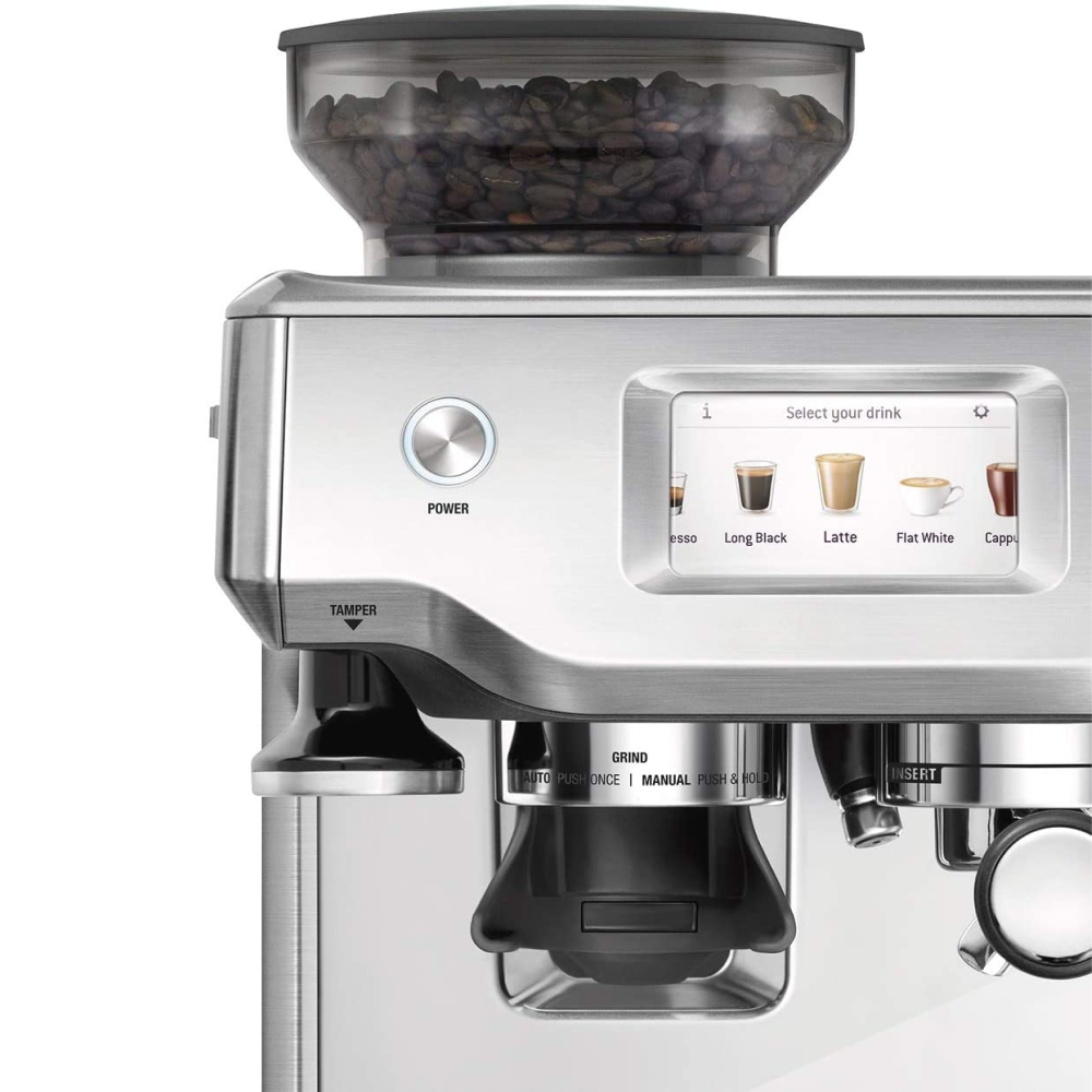 Sage Barista Touch SES880BSS Espresso Machine in Brushed Stainless Steel, close-up of the touchscreen and hopper