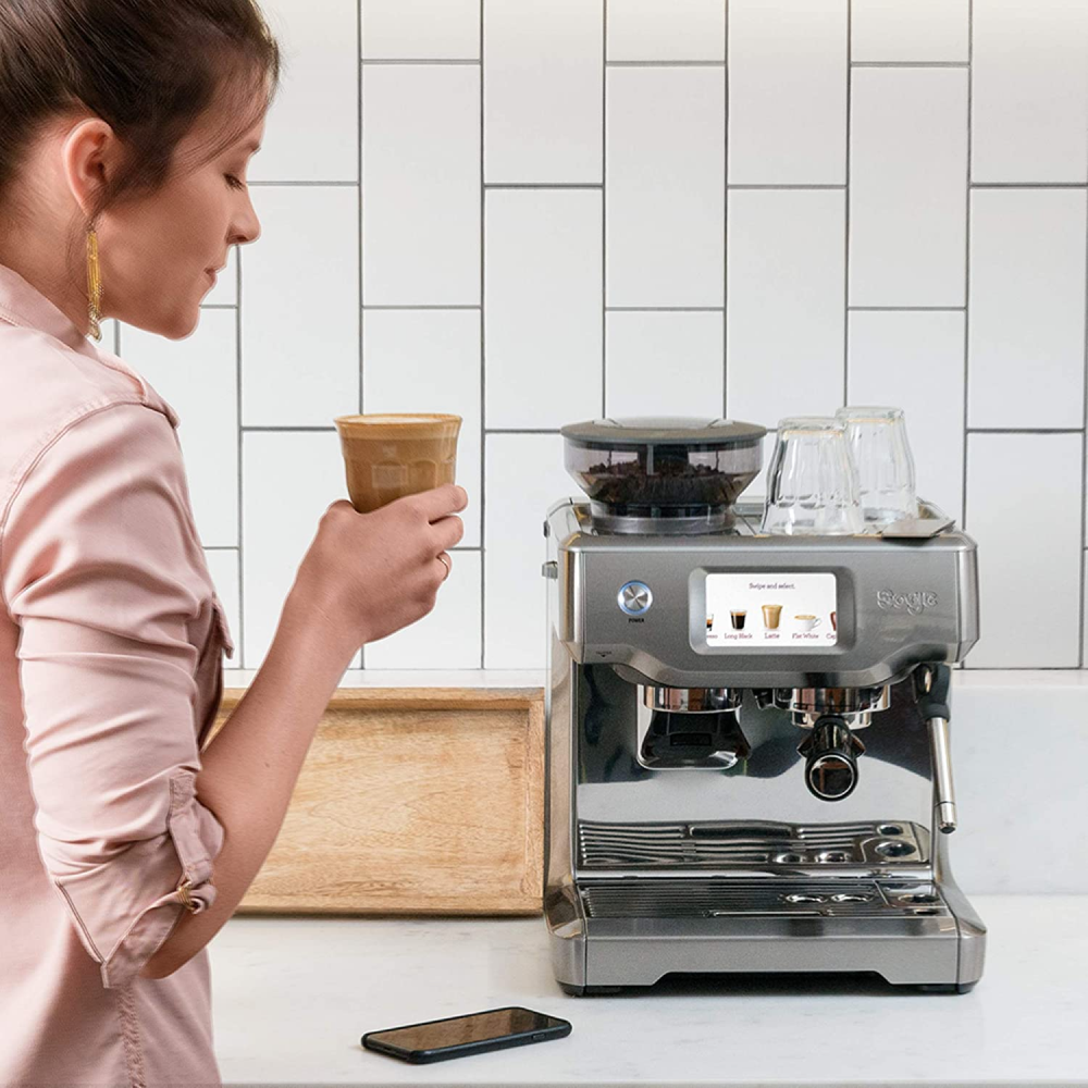 Sage Barista Touch SES880BSS Espresso Machine in Brushed Stainless Steel, in a kitchen