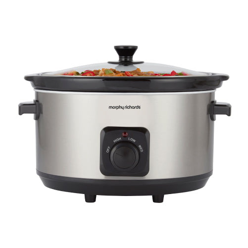 Morphy Richards 461013 Slow Cooker in Brushed Stainless Steel, angled view