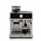 Izzy IZ-6007 Espresso Machine, front view with bean hopper and espresso cup