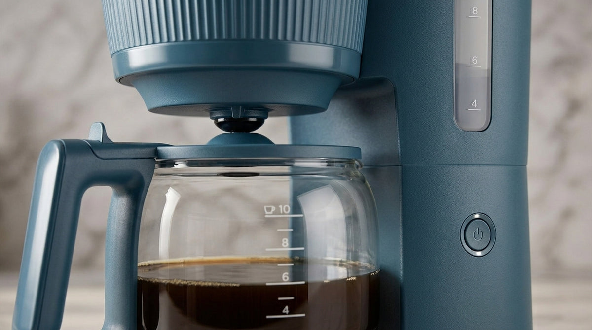 Philips 3000 series HD7411/70 Drip Coffee Maker in Malibu Blue, glass jug close-up
