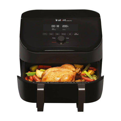 Instant Vortex 4-in-1 Air Fryer, basket drawer open with roast chicken