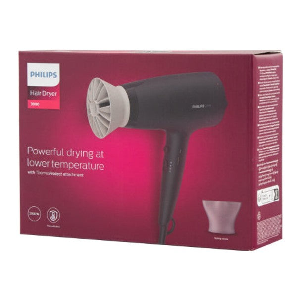 Philips 3000 Series BHD341/30 Hair Dryer in Black, in its packaging