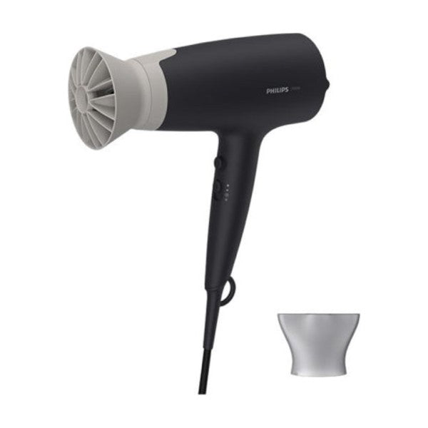 Philips 3000 Series BHD341/30 Hair Dryer in Black, with its concentrator
