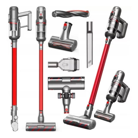Puppyoo T12 Home Cordless Vacuum Cleaner in Red, with its attachments