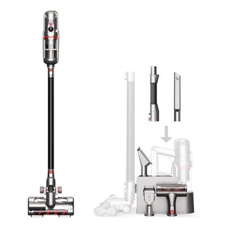 Puppyoo T12 Mate Cordless Vacuum Cleaner in Black, with its charging stand and tools