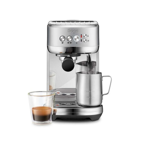 Sage Bambino Plus SES500BTR Espresso Machine in Stainless Steel, with a coffee and milk jug