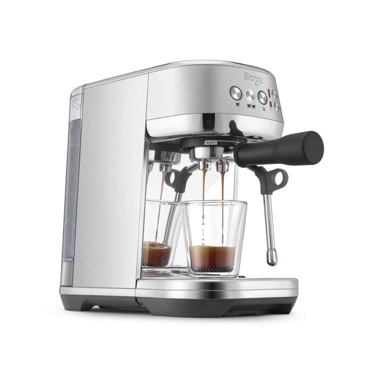 Sage Bambino Plus SES500BTR Espresso Machine in Stainless Steel, close-up of espresso pouring