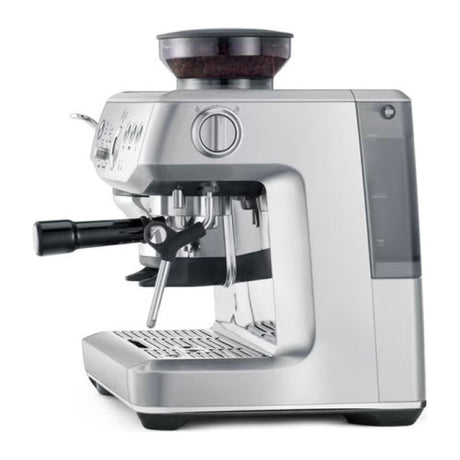 Sage Barista Express Impress SES876BSS Espresso Machine in Brushed Stainless Steel, angled view