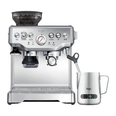 Sage Barista Express Impress SES876BSS Espresso Machine in Brushed Stainless Steel, with a milk jug and cup