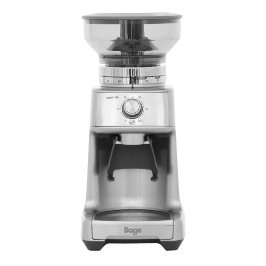 Sage the Dose Control Pro BCG600 Coffee Grinder in Silver, front view, hopper full