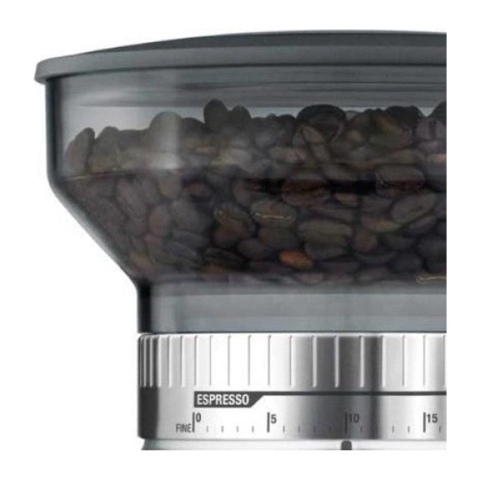 Sage the Dose Control Pro BCG600 Coffee Grinder in Silver, close-up of the bean hopper