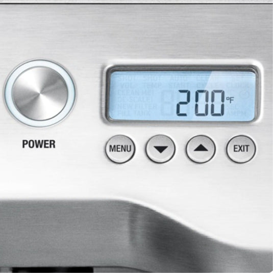 Sage Dual Boiler BES920UK Espresso Machine in Brushed Stainless Steel, close-up of the display
