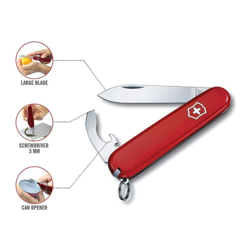 Victorinox Bantam 0.2303 Pocket Knife in Red, with its functions shown