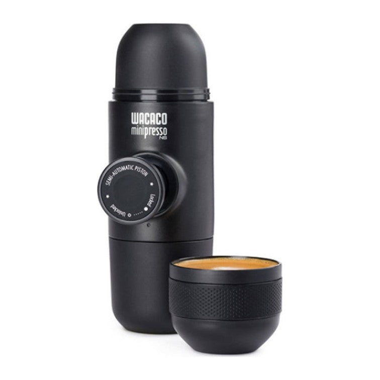Wacaco Minipresso NS Portable Espresso Maker, with its cup
