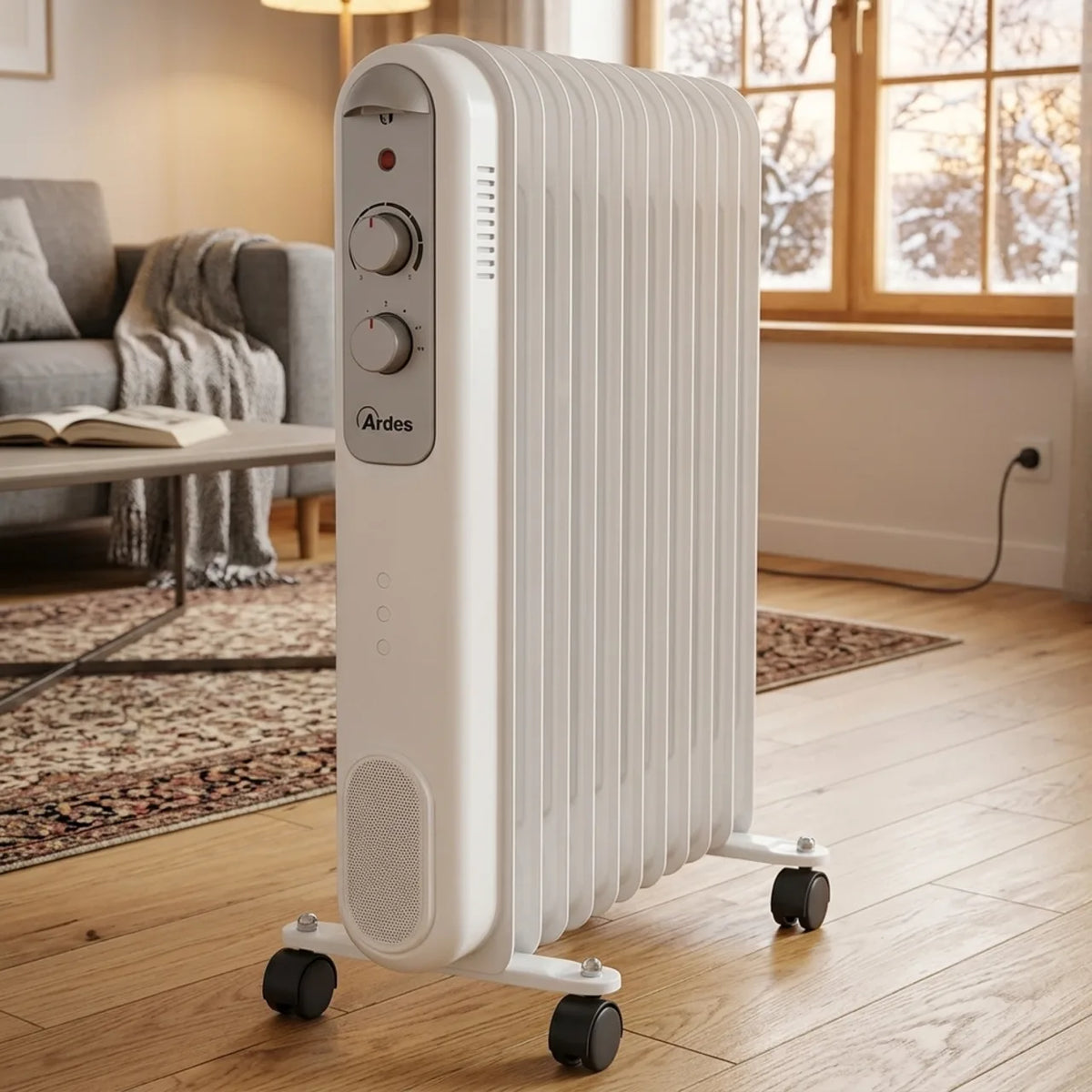 Ardes AR4R09S Oil Radiator in White, in a room setting