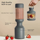 Beast Mega 1200 Plus B12MH Blender in Charcoal, hand lifting a vessel beside blender with feature labels
