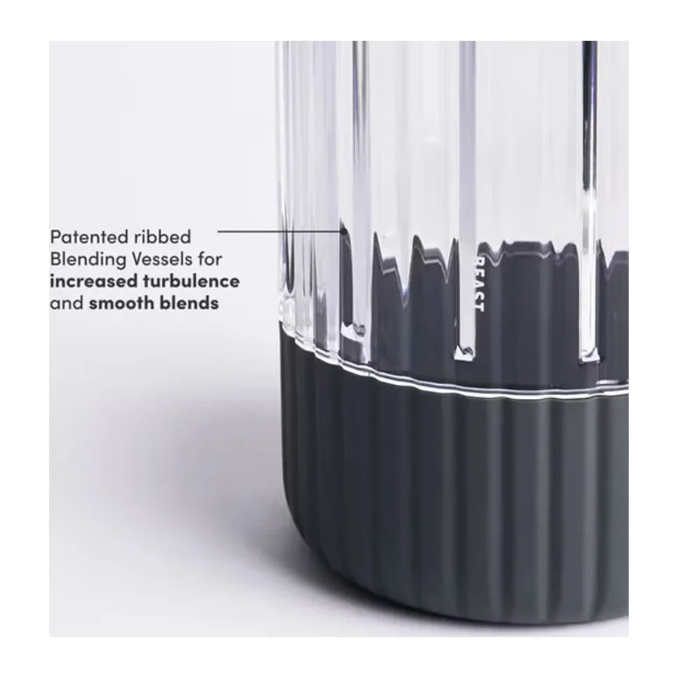 Beast Mega 1200 Plus B12MH Blender in Charcoal, close-up of the ribbed vessel and rubber base