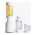 Beast Mighty B85MH Personal Blender in Cloud White, base with fruit-filled vessel next to carry vessel and small jar
