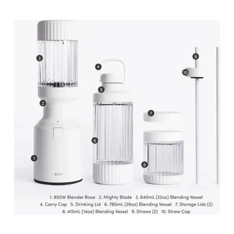 Beast Mighty B85MH Personal Blender in Cloud White, numbered parts laid out with straws and caps